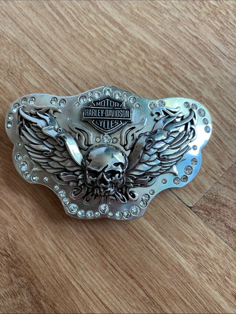 Harley-Davidson Silver Winged Skull Belt Buckle with Clear Rhinestones